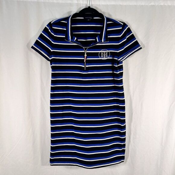 Tommy Hilfiger Mini Dress Women's Medium Blue Striped Short Sleeve 1/4 Zip - Picture 1 of 9
